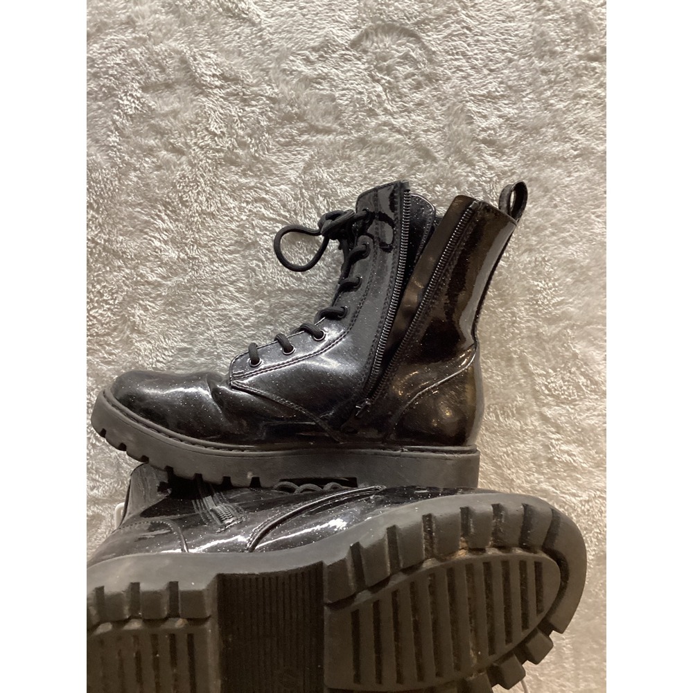 Kids Black Glitter Combat Boots Lace Up Side Zip Chunky‎ Sole - Picture 3 of 5